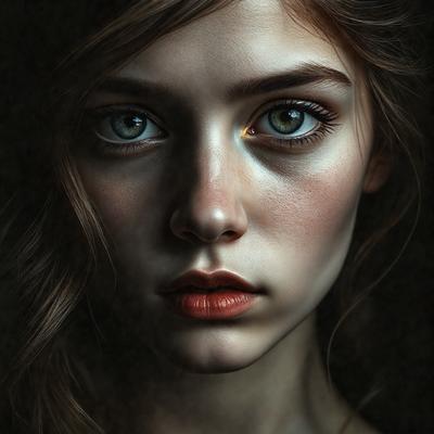 The primary subject of the image is a woman with red lips and a pouty expression. She is looking directly at the camera, and her lips are the focal point of the scene. The setting is a dark room, which adds a dramatic and mysterious atmosphere to the image. The visual style is a close-up portrait, emphasizing the woman's features and expression. The colors in the image are predominantly dark, with the red lips standing out as the only bright element.